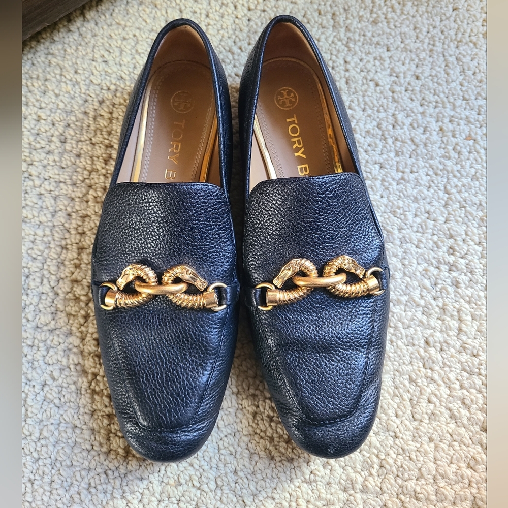 Tory Burch Black Loafers With Gold Accents